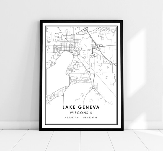 Lake Geneva Map Print, Wisconsin City Travel Poster
