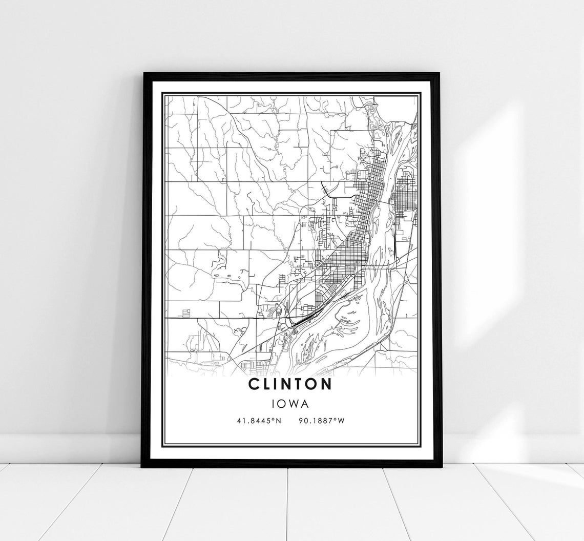 Clinton Iowa Minimalist City Street Map Black Line Art Poster