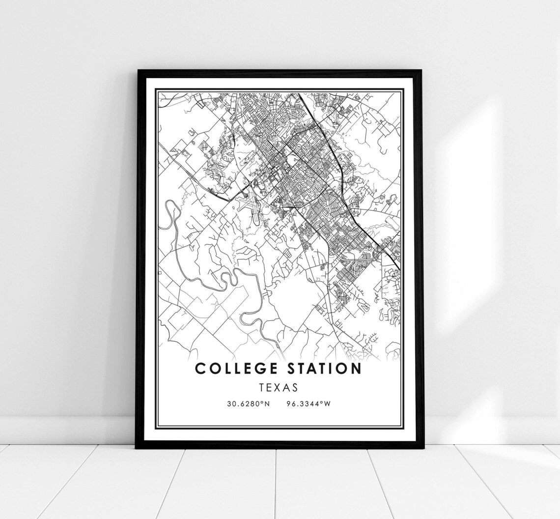 College Station Map Print, Texas City Travel Poster