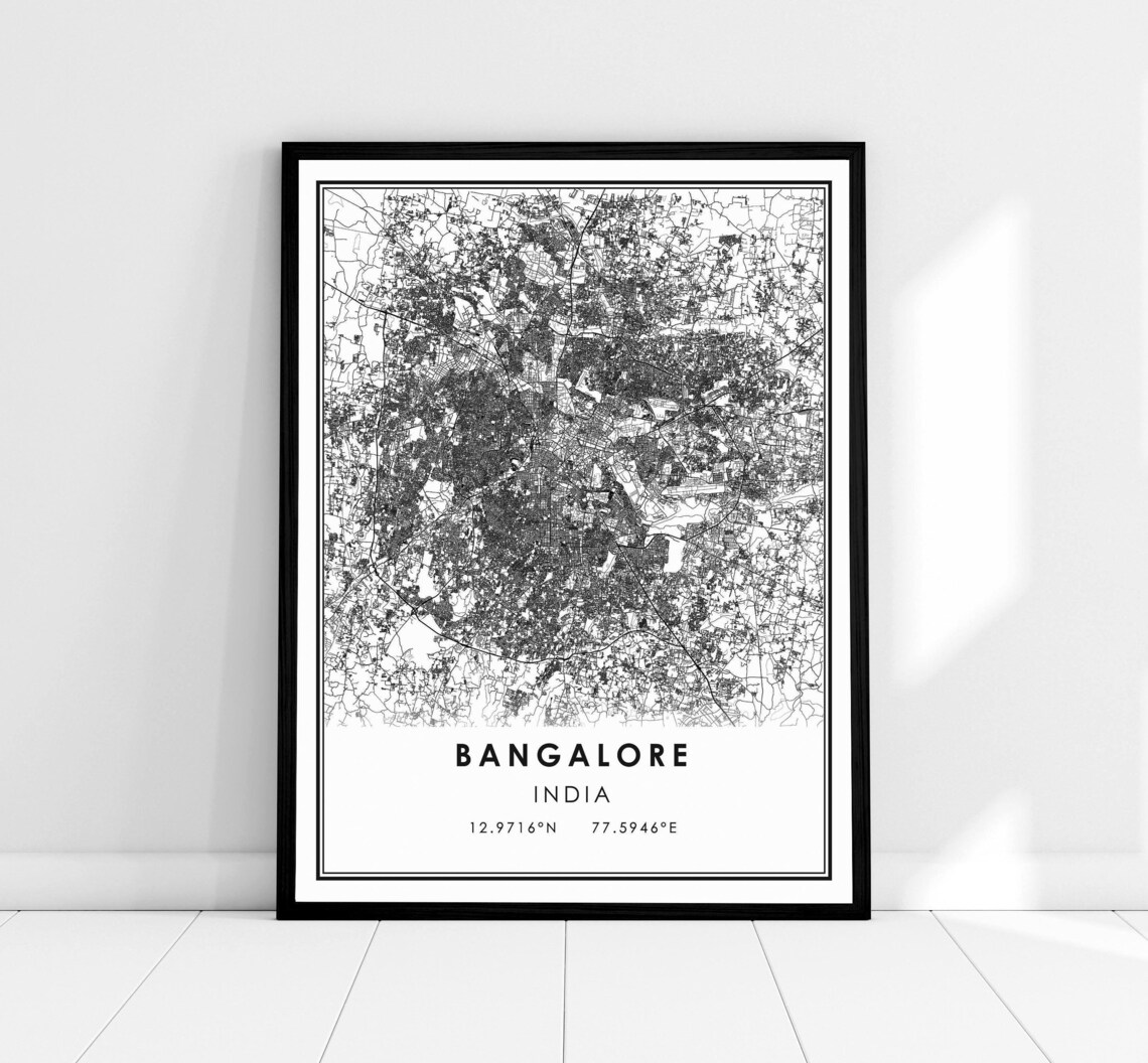 Bangalore India Minimalist Black and White City Map Poster with Coordinates