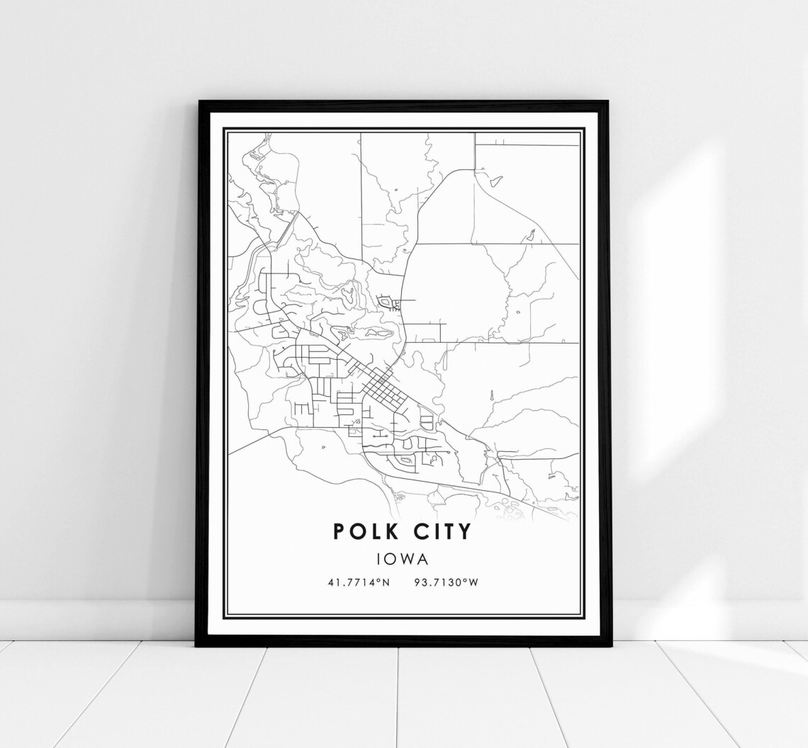 Polk City Iowa Monochrome Street Map With Coordinates Art Poster