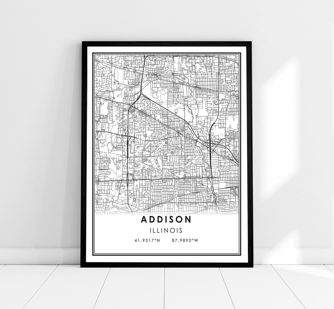 Addison Illinois City Street Map Minimalist Black Line Wall Art