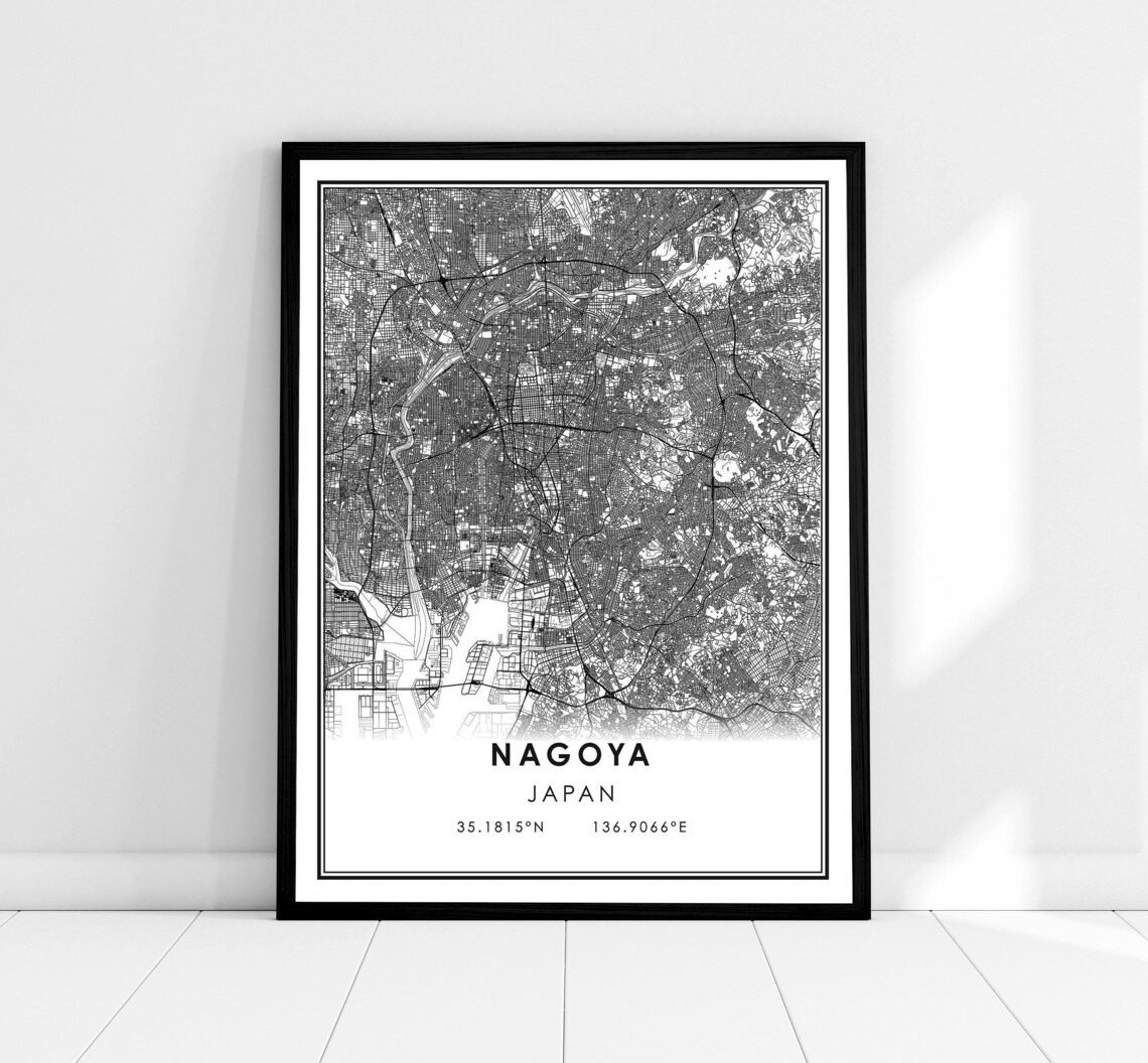 Nagoya Japan Monochrome Street Map With Coordinates Art Poster