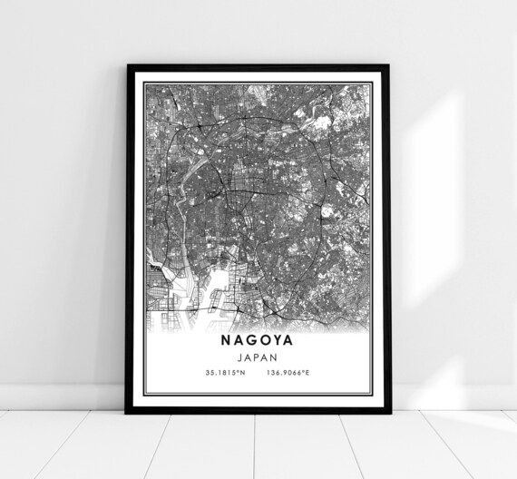 Nagoya Japan Monochrome Street Map With Coordinates Art Poster