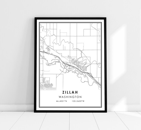 Zillah Washington Minimalist Black White City Street Map Poster