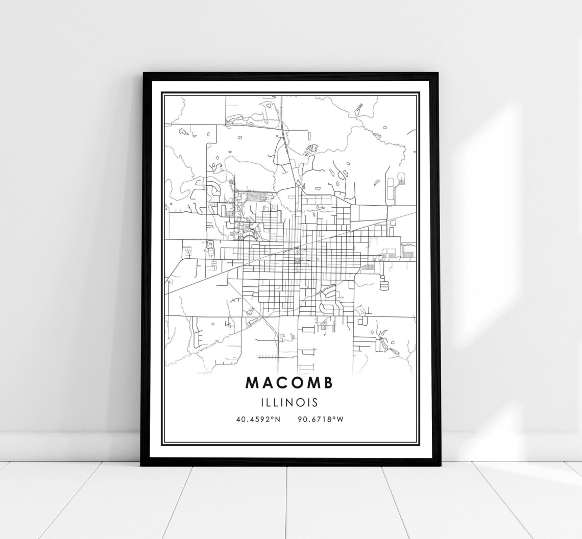 Macomb Illinois Minimalist Black and White City Map Poster with Streets