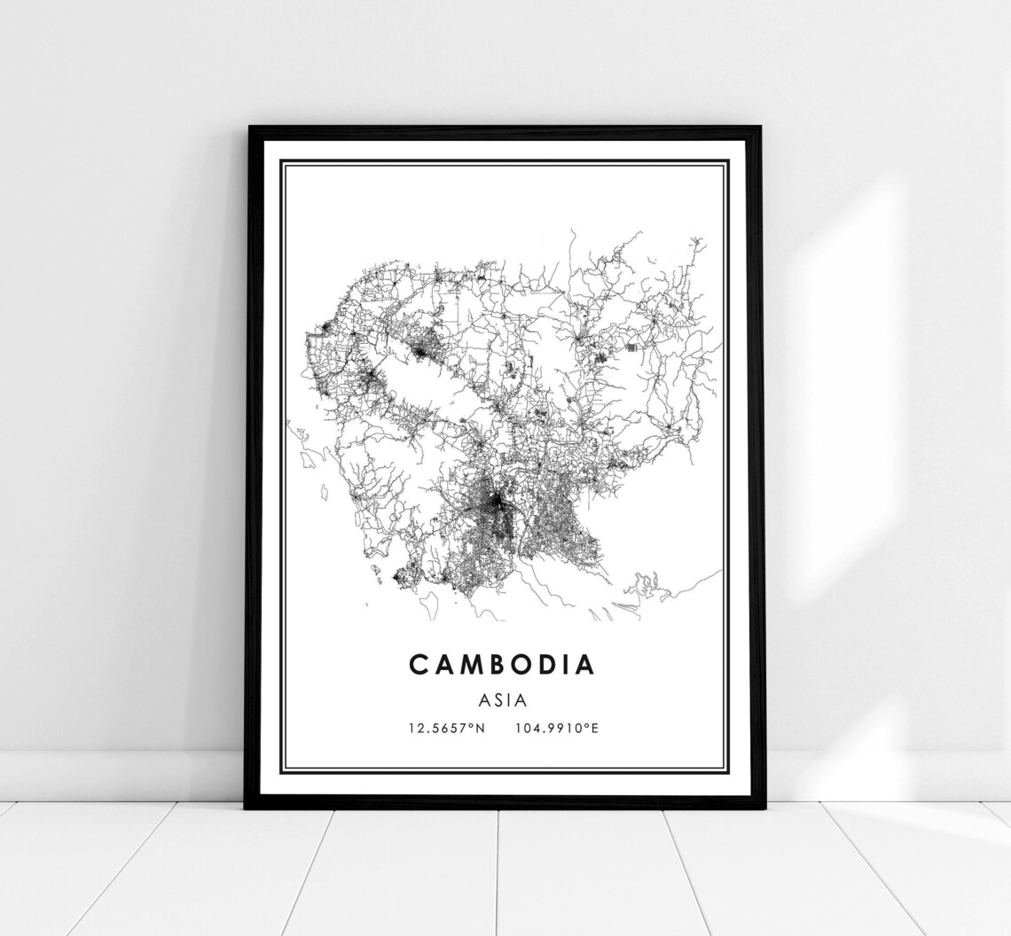 Cambodia Country Map Travel Poster, Road Map Print