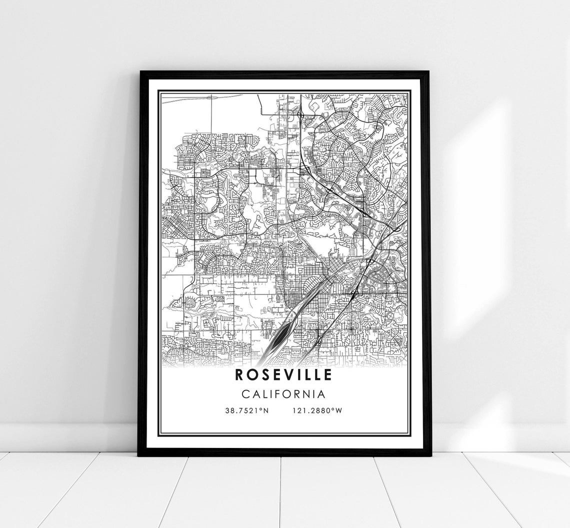 Roseville California Street Map With GPS Coordinates Minimalist Poster