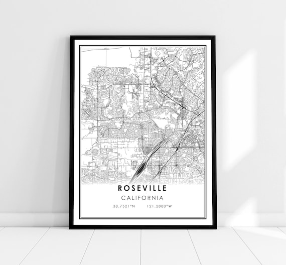 Roseville California Street Map With GPS Coordinates Minimalist Poster