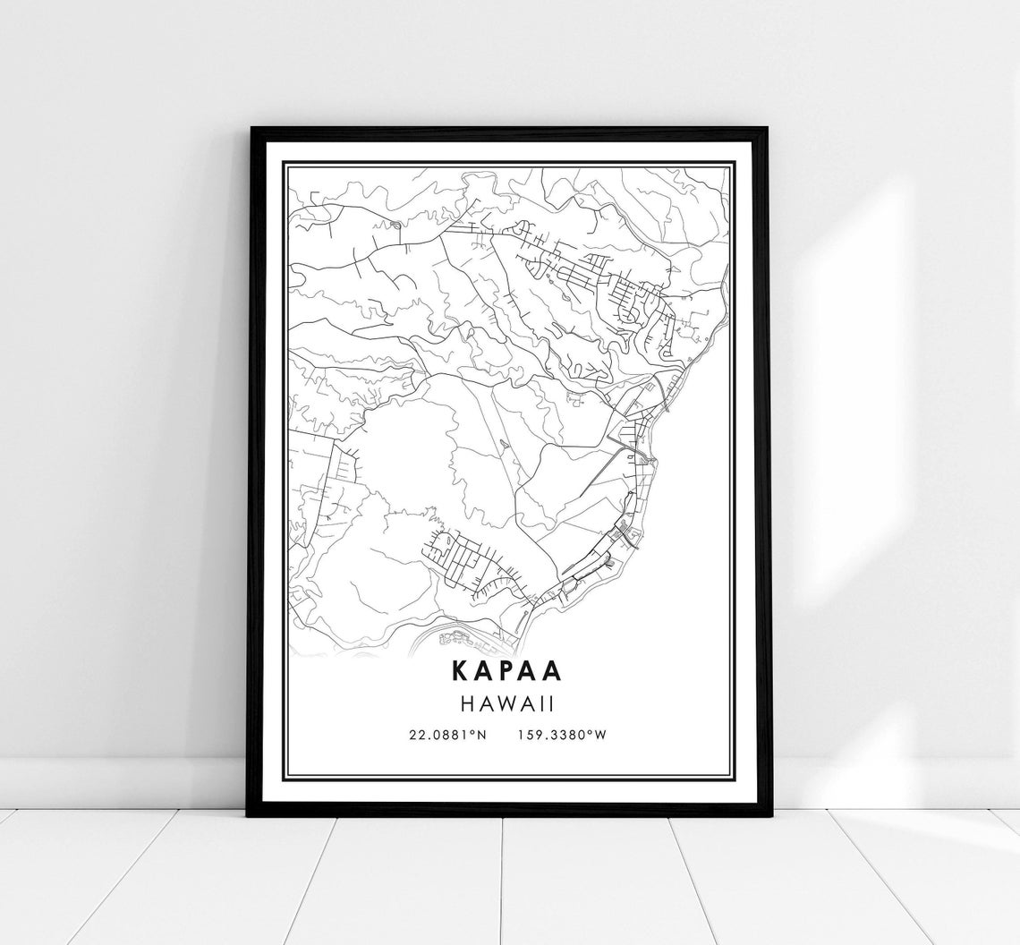 Kapaa Hawaii Minimalist Black Line Street Map With Coordinates Print