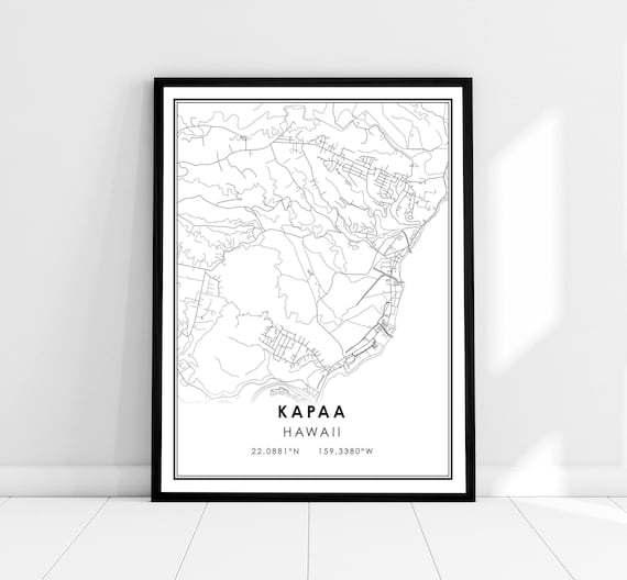 Kapaa Hawaii Minimalist Black Line Street Map With Coordinates Print
