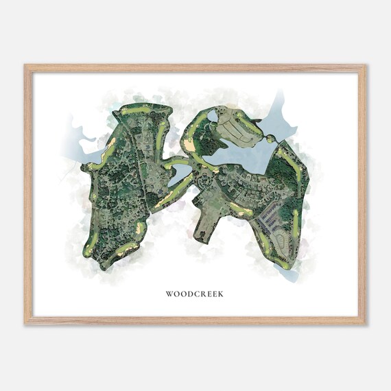 Woodcreek Watercolor Aerial Lakeside Course Layout Map Poster