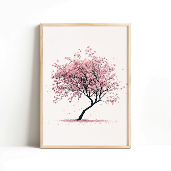 Pink Cherry Blossom Tree Minimalist Spring Flower Botanical Wall Art