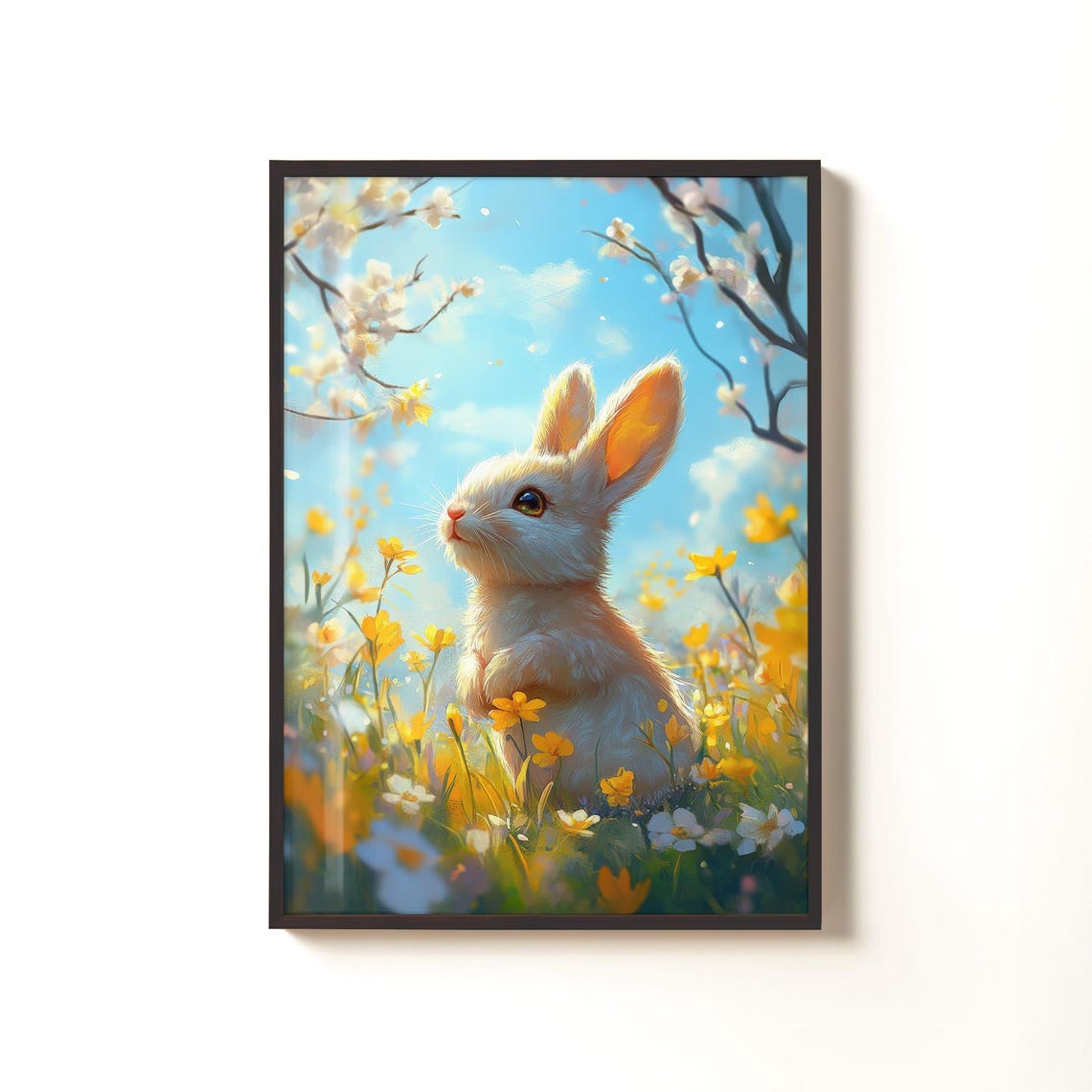 Cute Easter Bunny Print Spring Rabbit Poster Yellow Wildflowers Nursery Kids Room Decor Instant Wall Art - Image 3