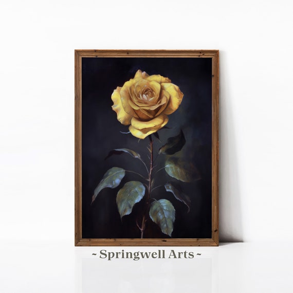 Vintage Yellow Rose Painting Elegant Gold Flower Moody Floral Art Print Botanical Wall Decor For Bedroom
