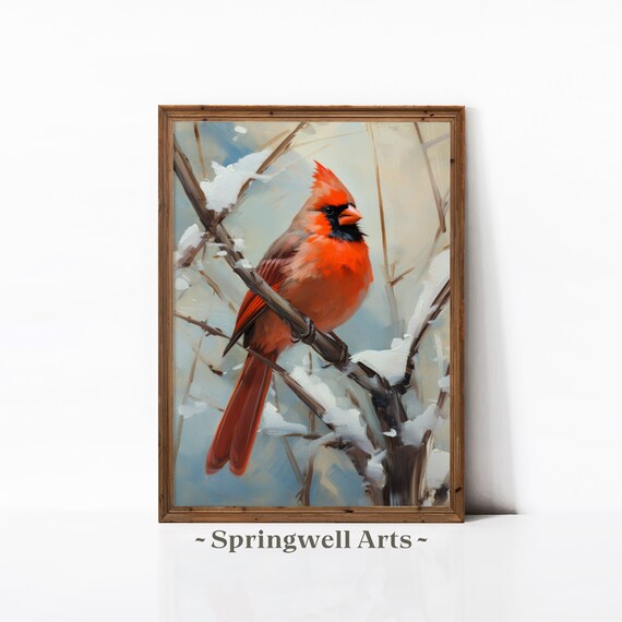 Red Cardinal Winter Snowy Branch Wildlife Bird Painting Art Poster