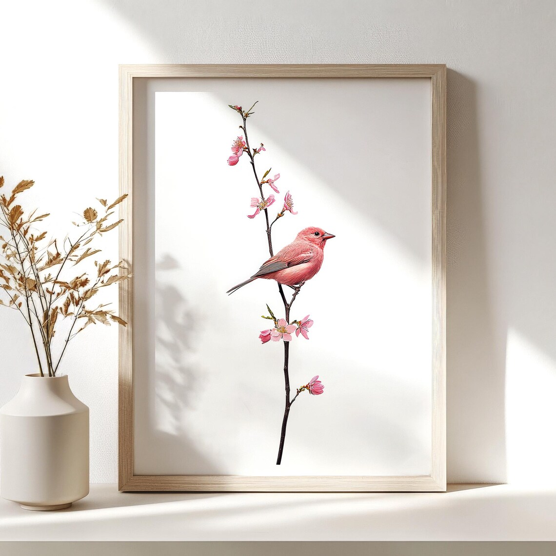 Pink Songbird on Blossoming Branch Minimalist Floral Nature Wall Art - Image 2