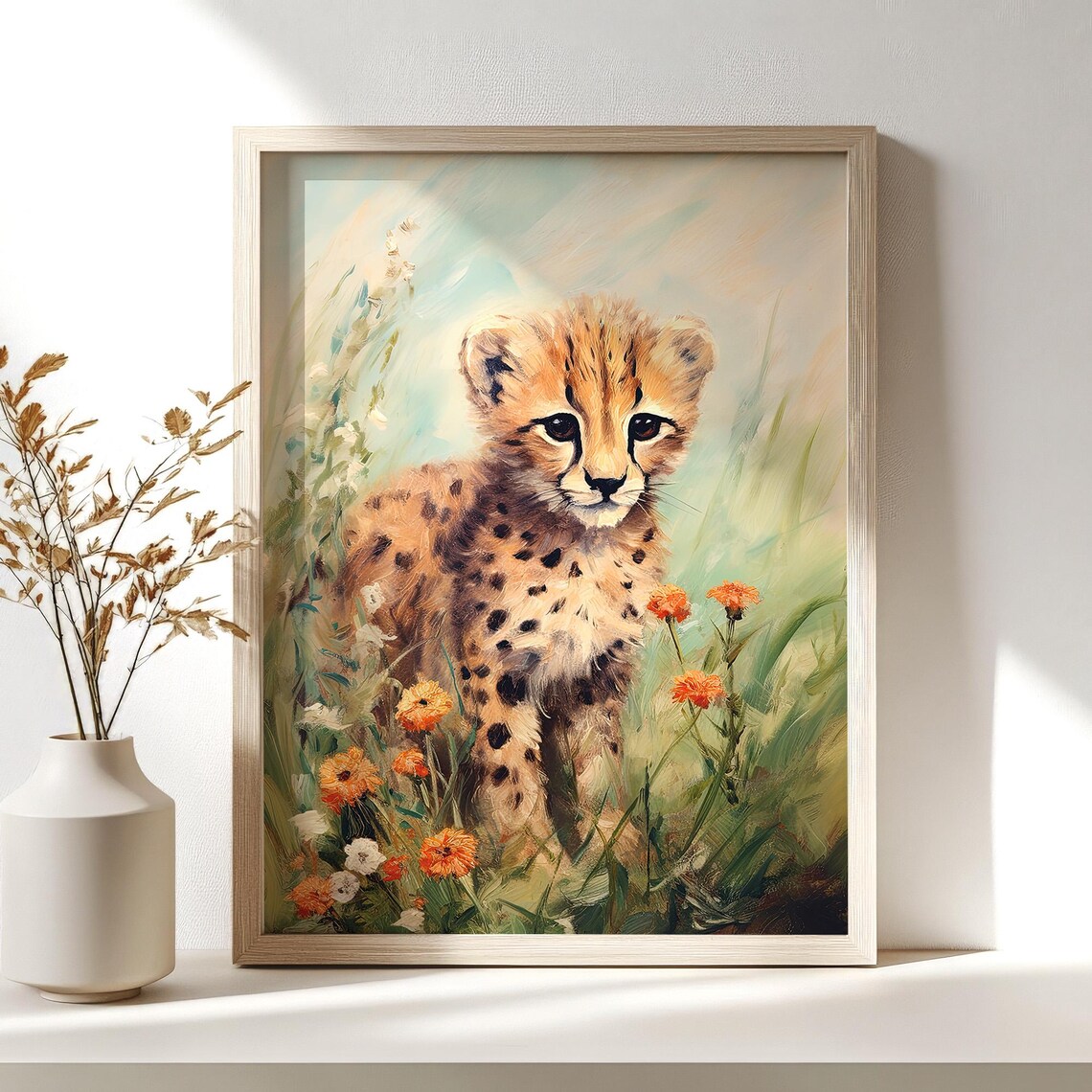 Baby Cheetah Cub Flower Painting Cute Safari Nursery Wall Decor Poster - Image 3