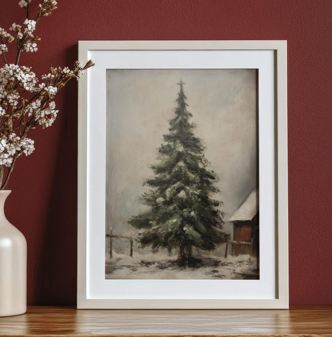 Vintage Snowy Evergreen Tree Red Barn Farm Winter Art Poster - Image 4
