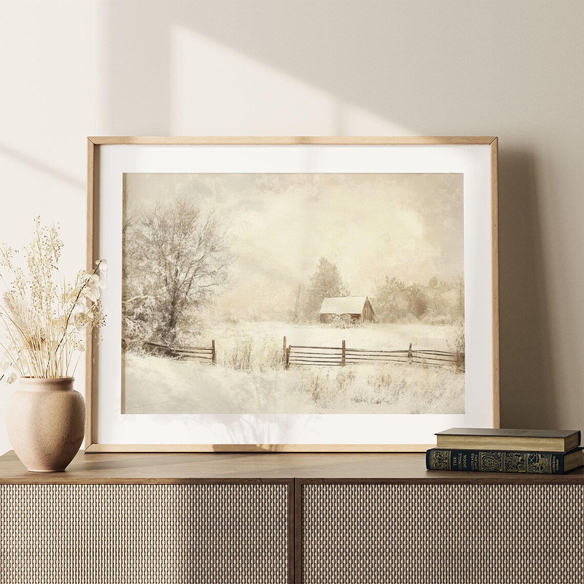 Sepia Winter Farm Barn Snowy Fence Vintage Rustic Countryside Poster