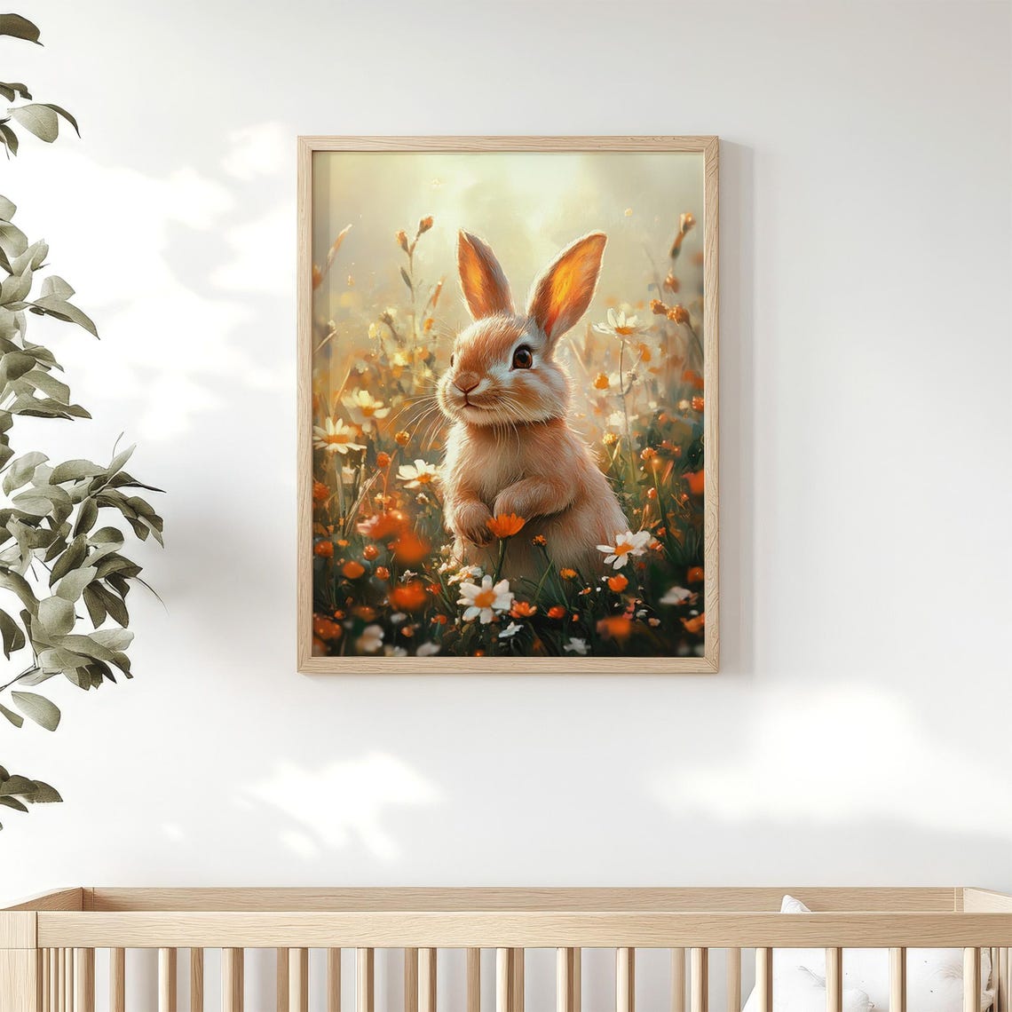 Cute Easter Bunny Print Spring Rabbit Poster Orange Wildflowers Nursery Kids Room Decor Instant Wall Art - Image 2