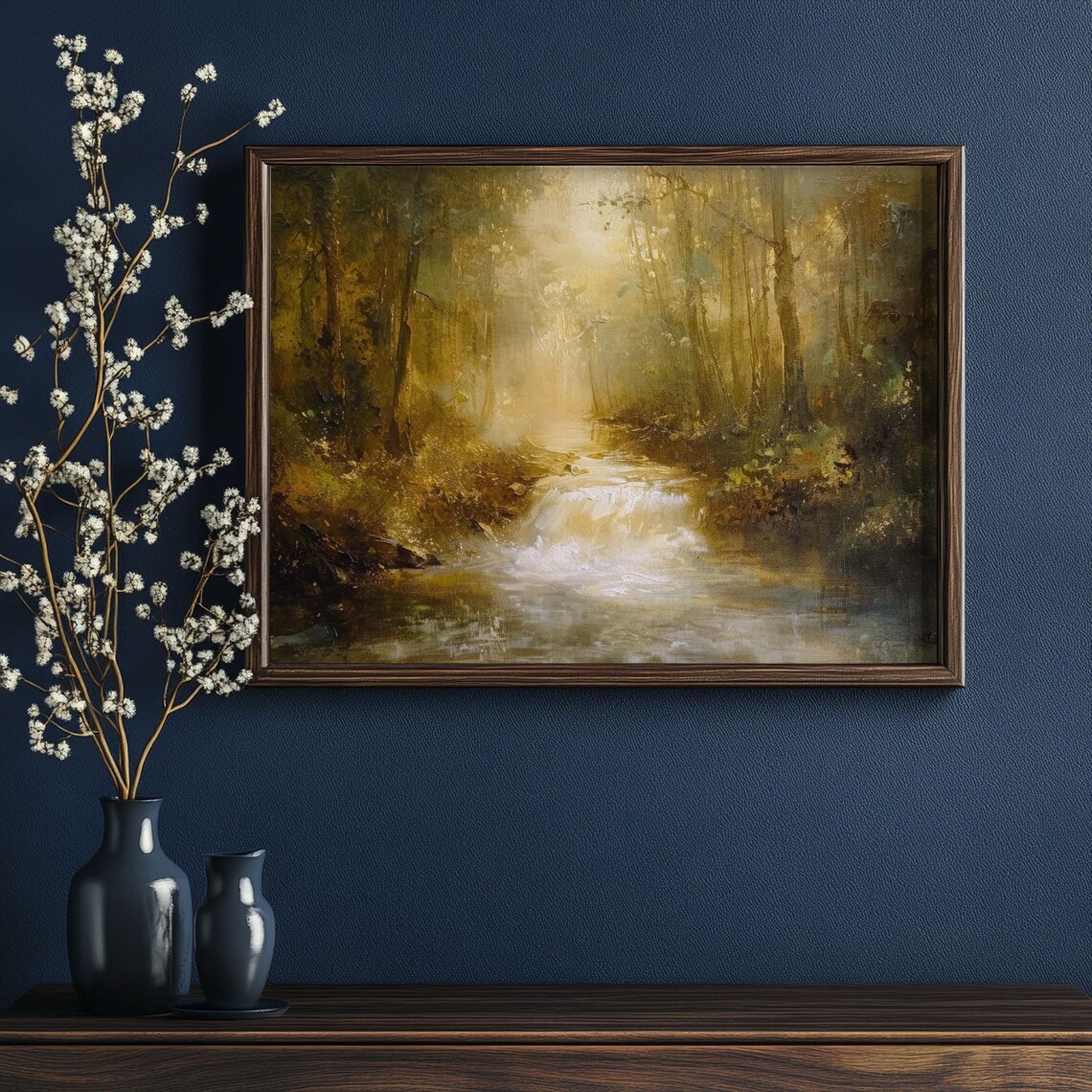 Sunlit Waterfall Forest Stream Misty Woodland Landscape Art Poster - Image 3