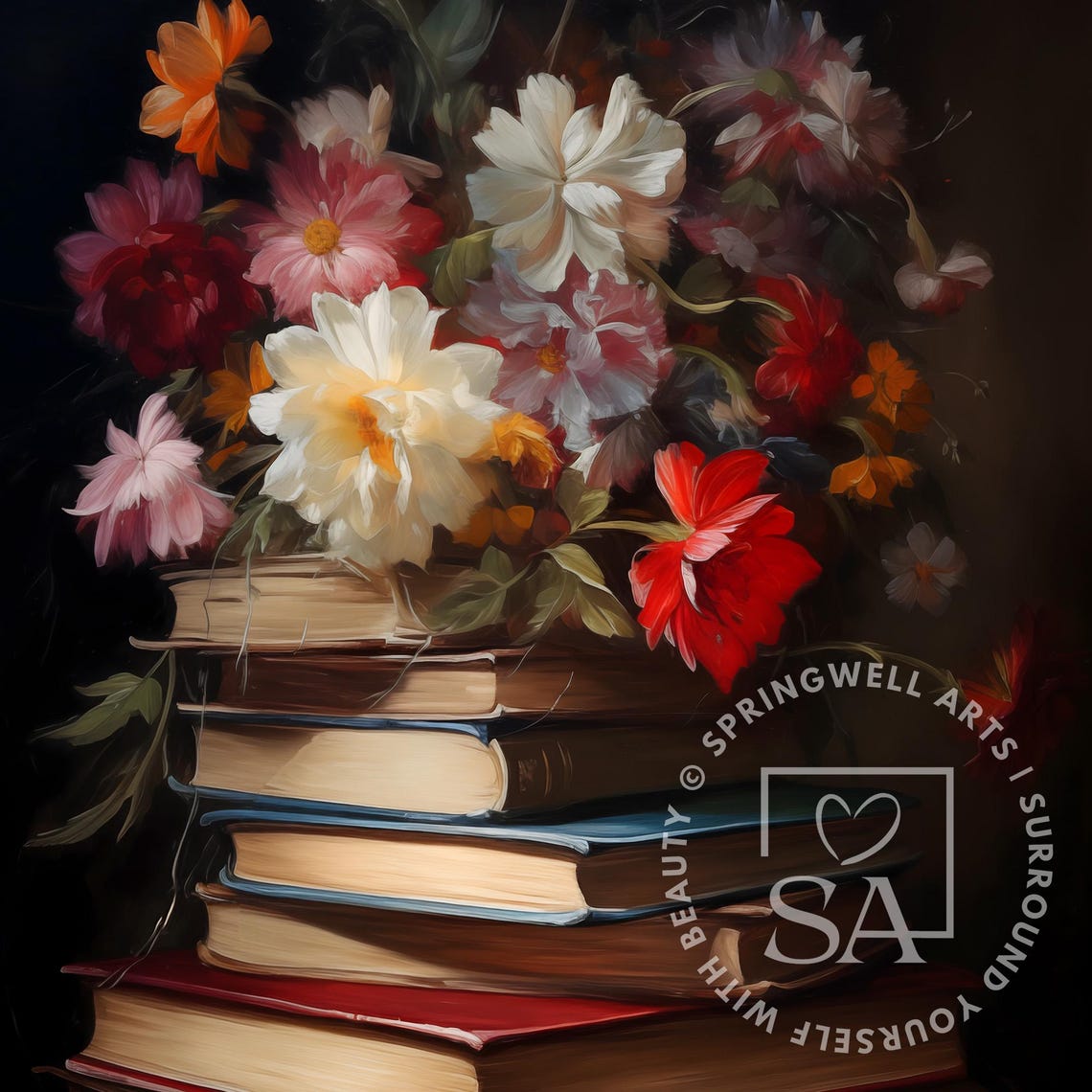 Moody Floral Still Life Flowers On Antique Book Stack Art Poster - Image 5