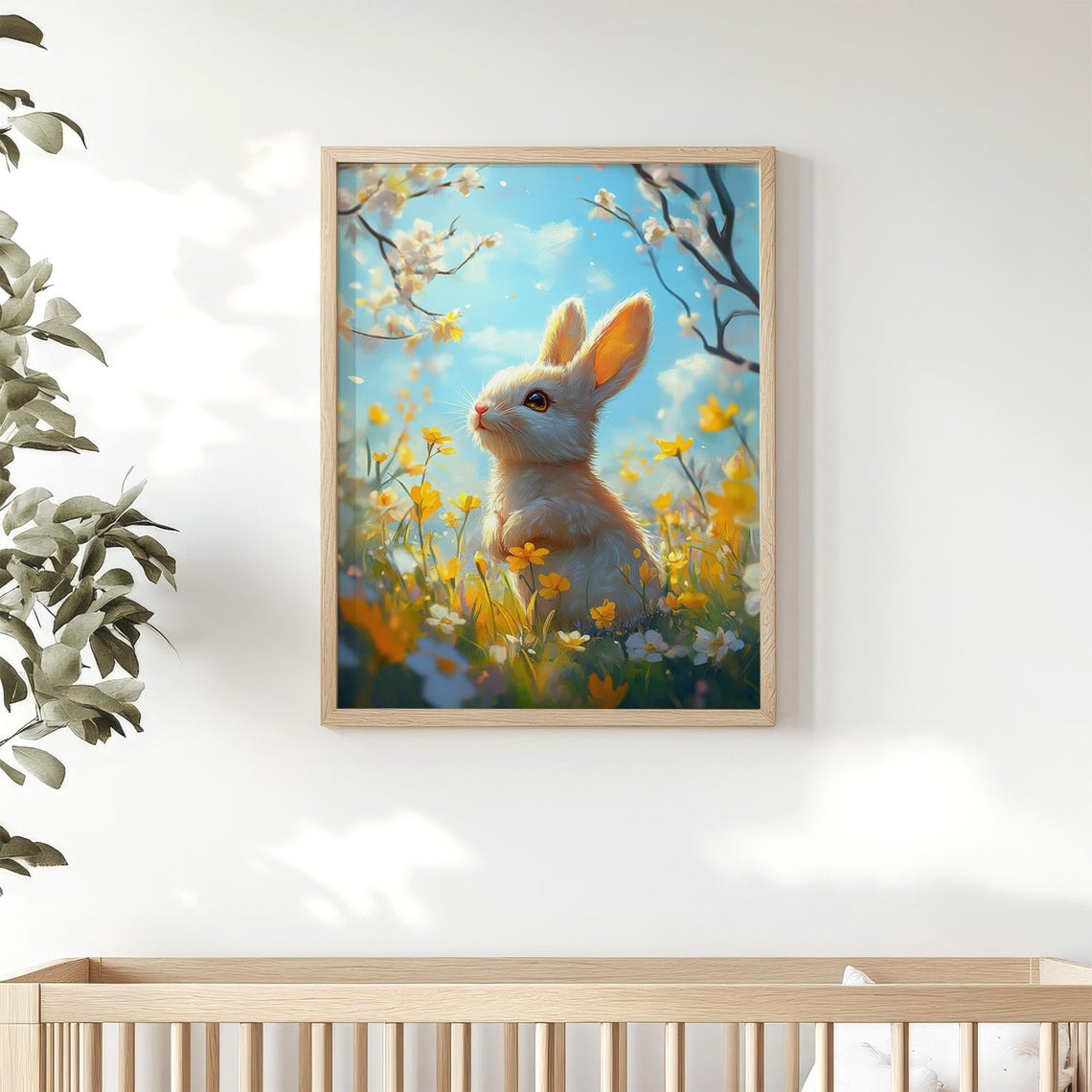 Cute Easter Bunny Print Spring Rabbit Poster Yellow Wildflowers Nursery Kids Room Decor Instant Wall Art - Image 2