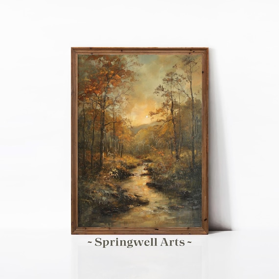 Autumn Forest Stream Sunset Glow Vintage Fall Landscape Poster