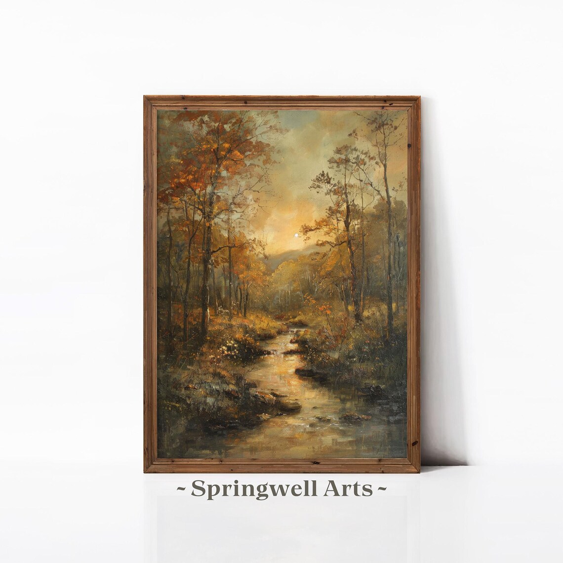 Autumn Forest Stream Sunset Glow Vintage Fall Landscape Poster