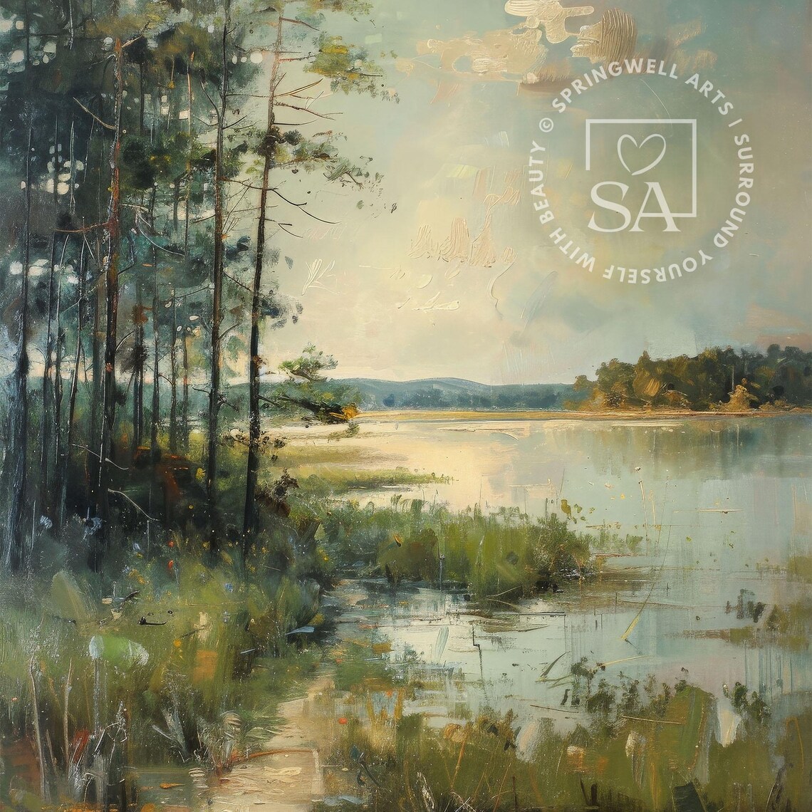 Vintage Lakeside Landscape Painting, Rustic Home Decor - Image 5