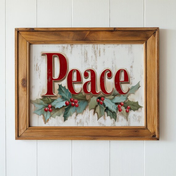 Vintage Christmas Peace Print with Holly Leaves