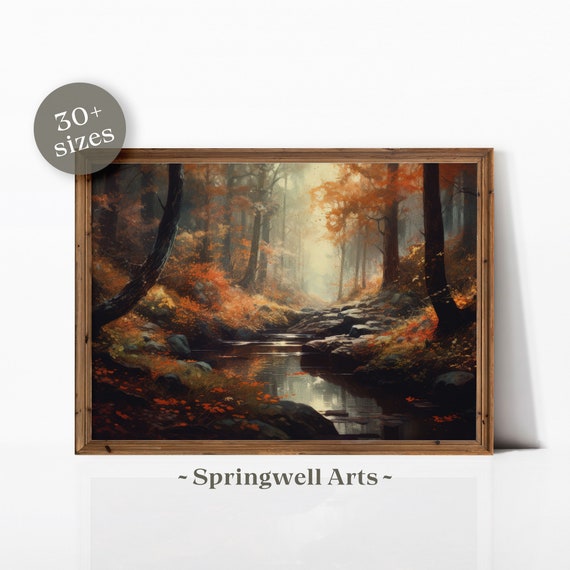 Moody Autumn Forest Landscape Painting Vintage Fall Foliage Wall Art Seasonal Leaf Color Fall Forest Stream