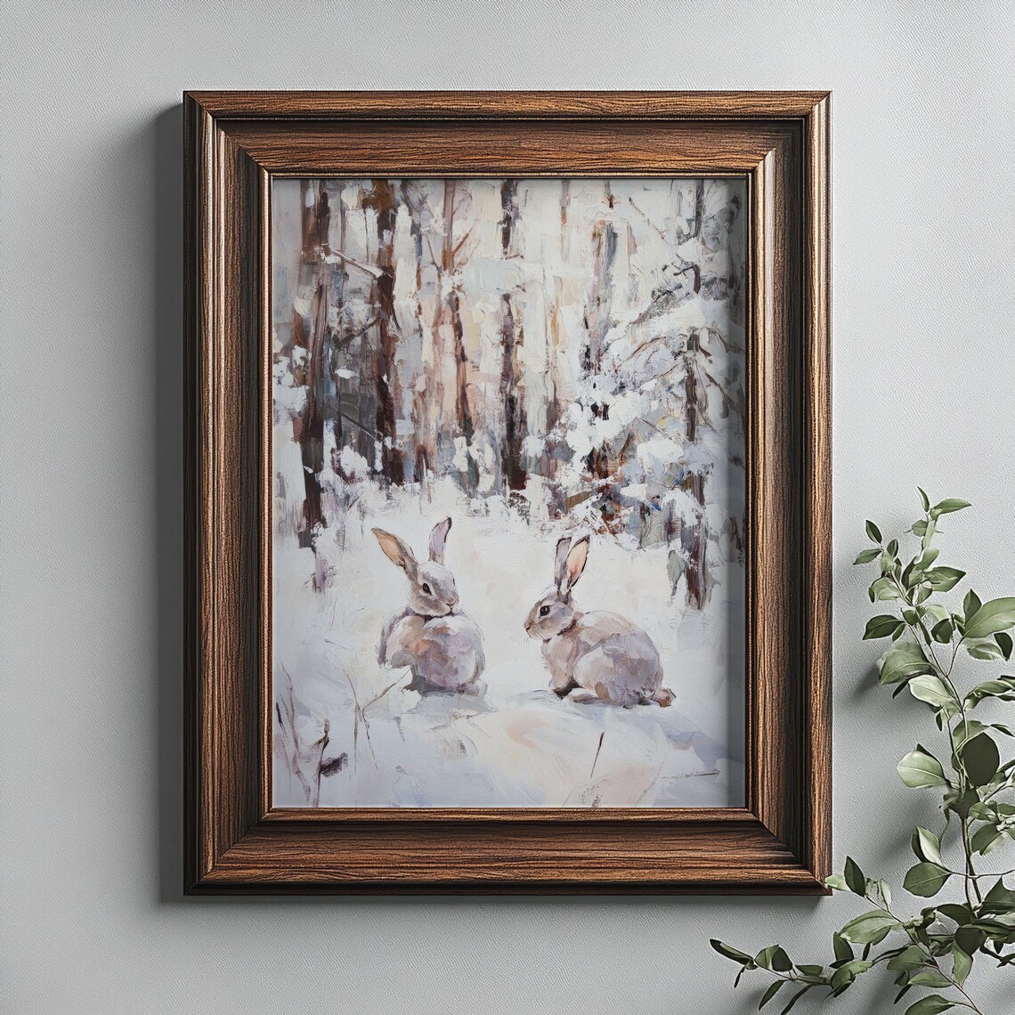 Two Rabbits Snowy Winter Forest Vintage Woodland Wildlife Poster - Image 2