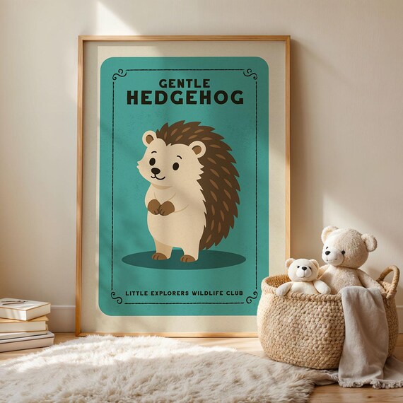 Gentle Hedgehog Cartoon Teal Retro Nursery Kids Animal Wall Art