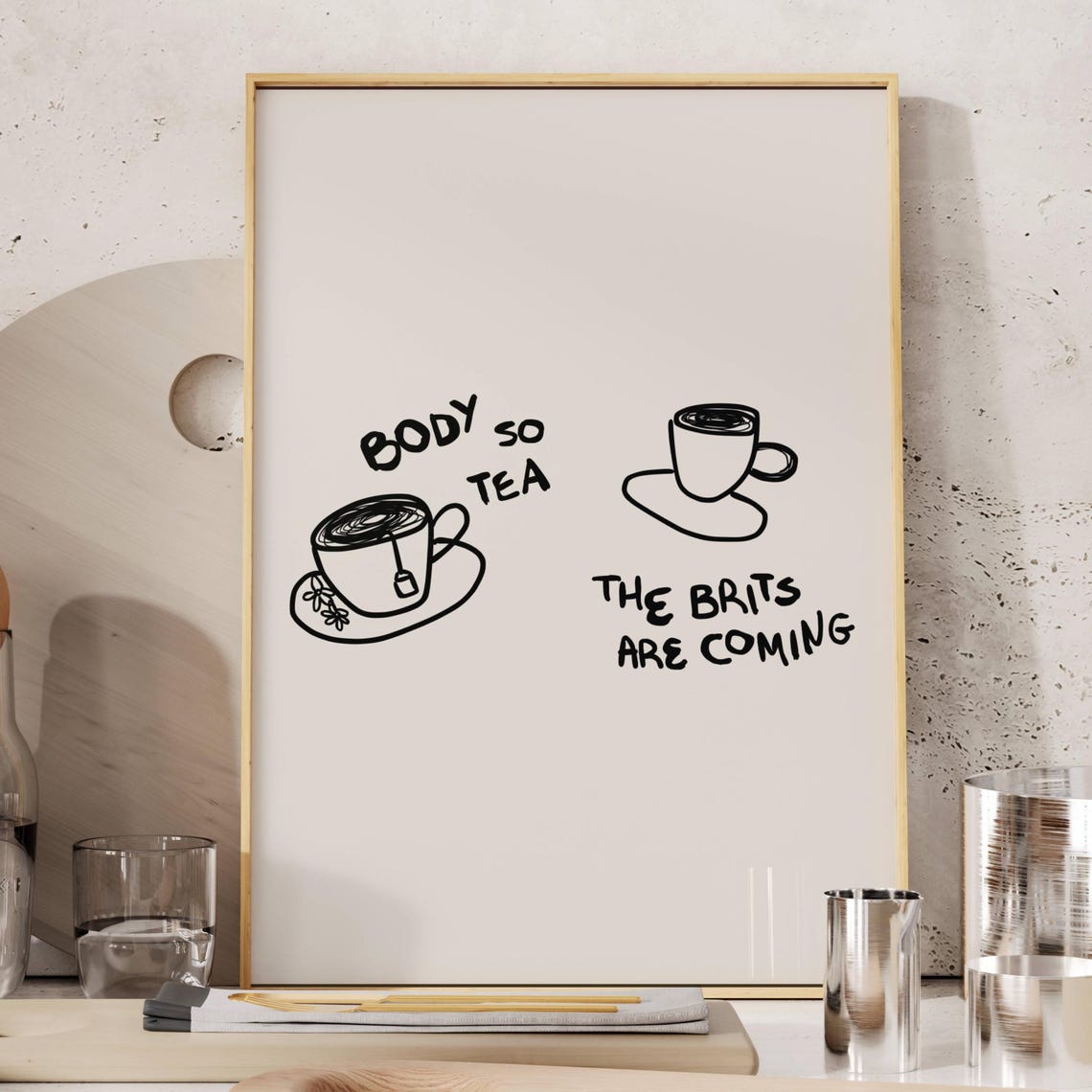 Body So Tea Black Ink Funny Tea Cup Sketch Cream Kitchen Wall Art