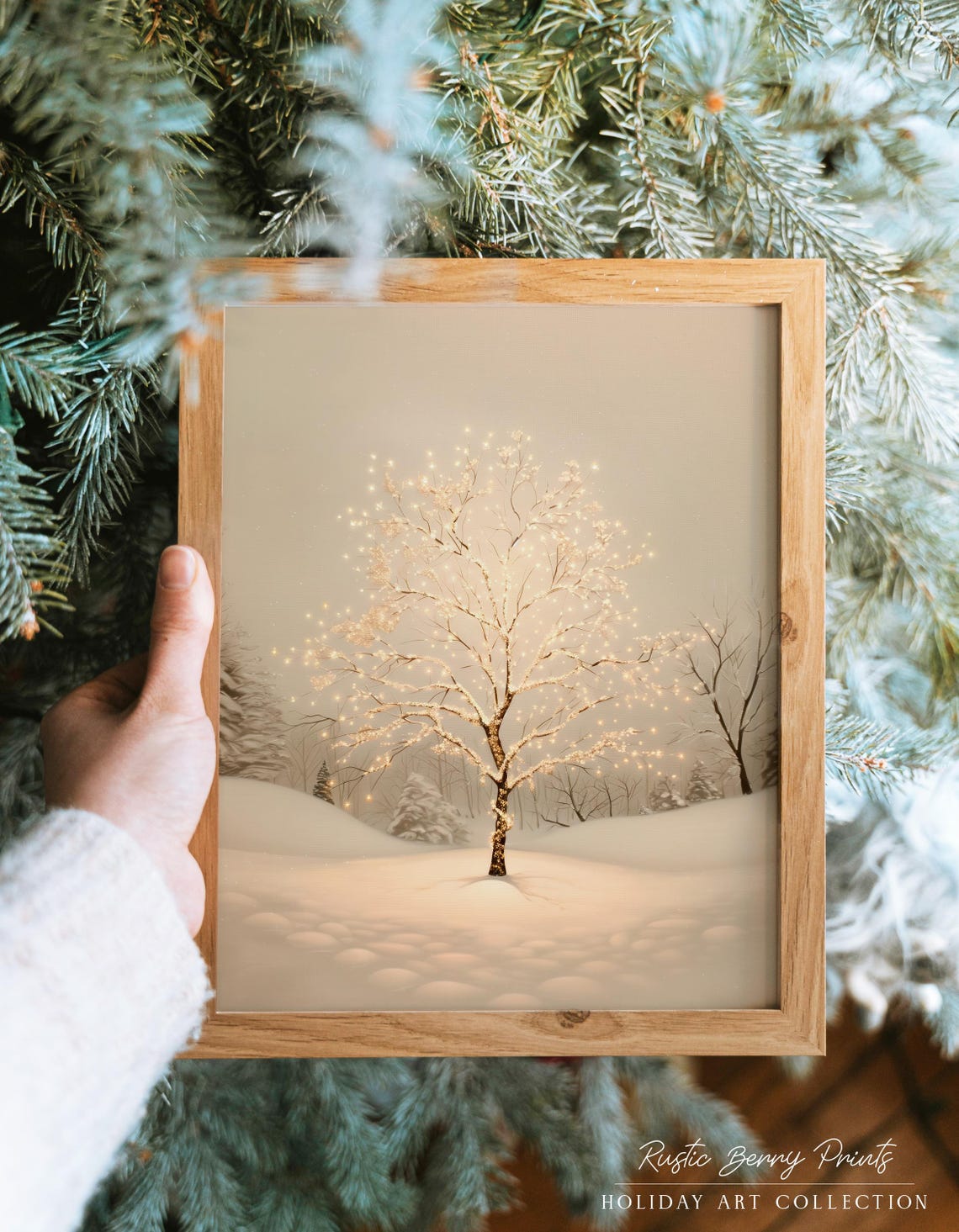 Lone Tree Wrapped in Twinkling Golden Lights Snowy Winter Art Poster