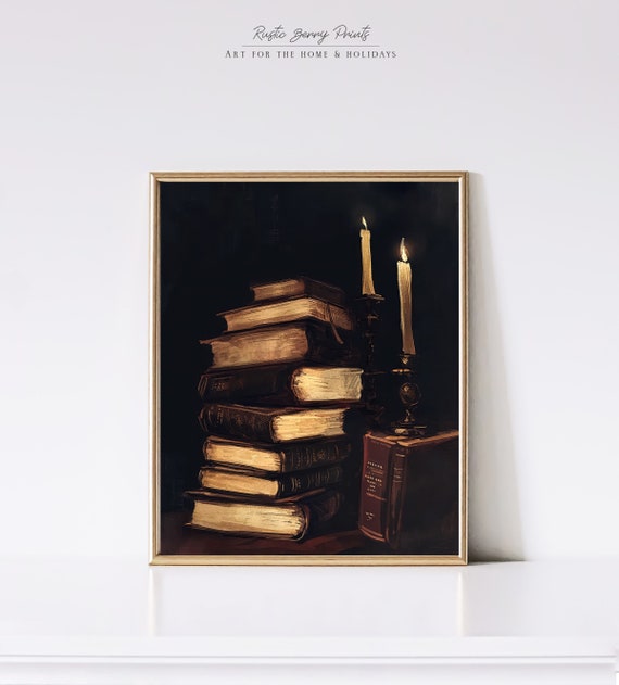 Moody Vintage Books Oil Painting Wall Art Vintage Print Cottagecore Dark Academia Library Decor Instant