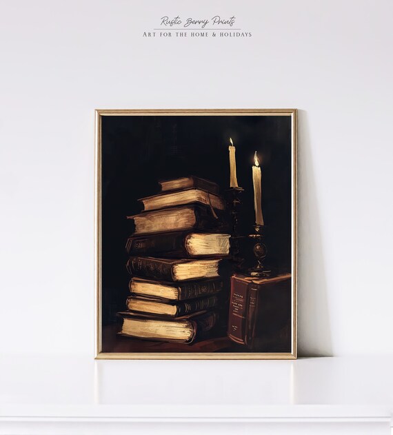 Old Books Stack By Glowing Candlelight Dark Moody Academia Still Life Print