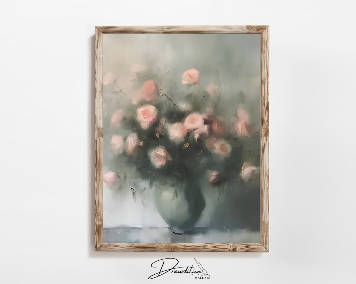 Blush Pink Roses Bouquet in Vase Soft Impressionist Floral Art Poster