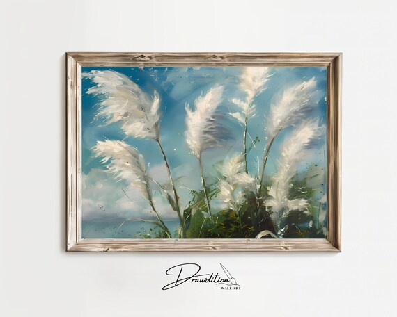 White Pampas Grass Plumes Against Bright Blue Sky Botanical Art Poster