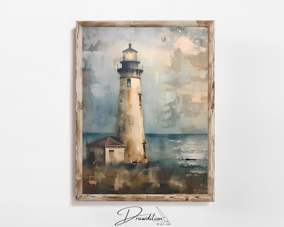 Vintage Lighthouse Seaside Watchtower Neutral Coastal Painting Art Print