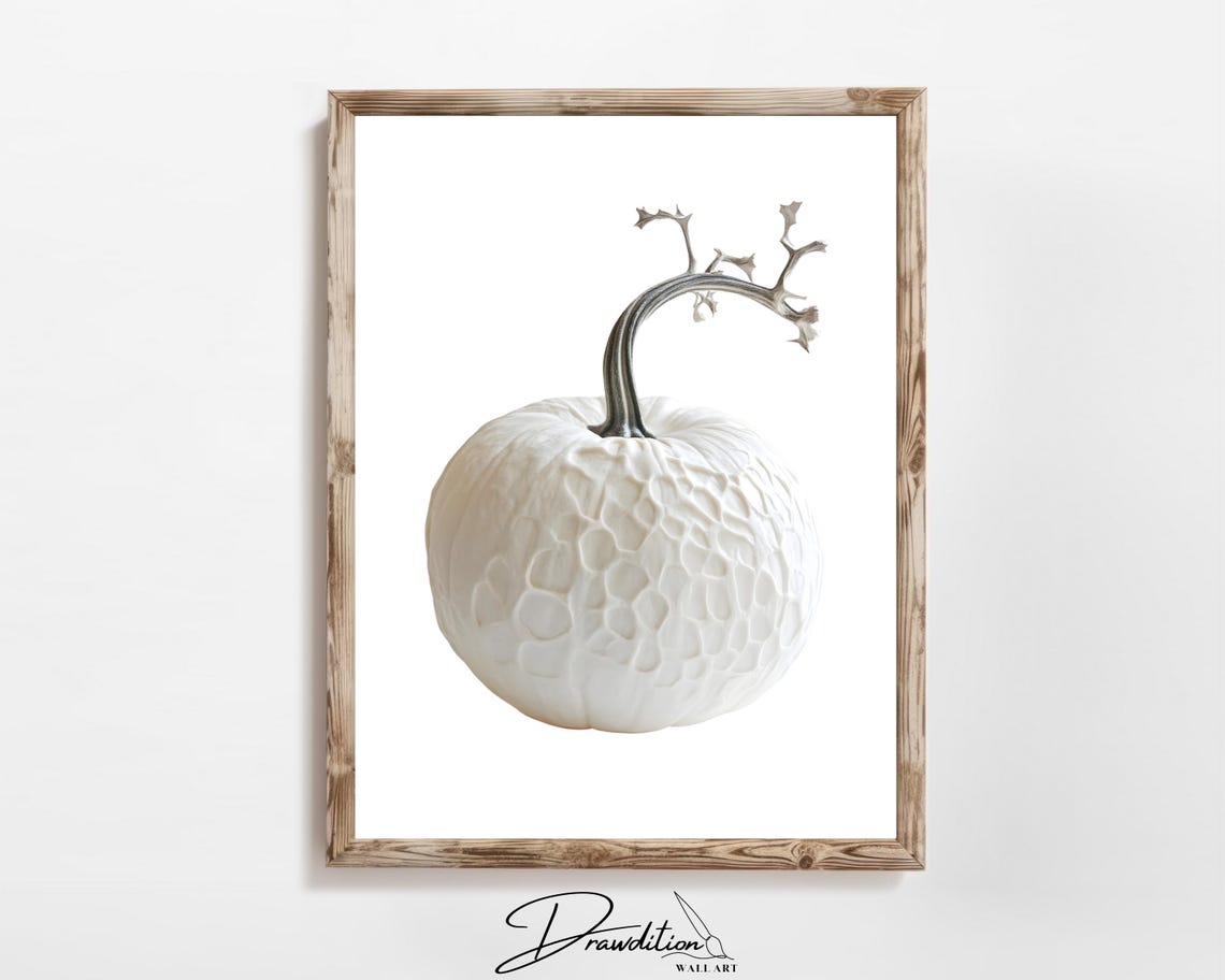 White Carved Texture Pumpkin Branch Stem Minimalist Fall Wall Art