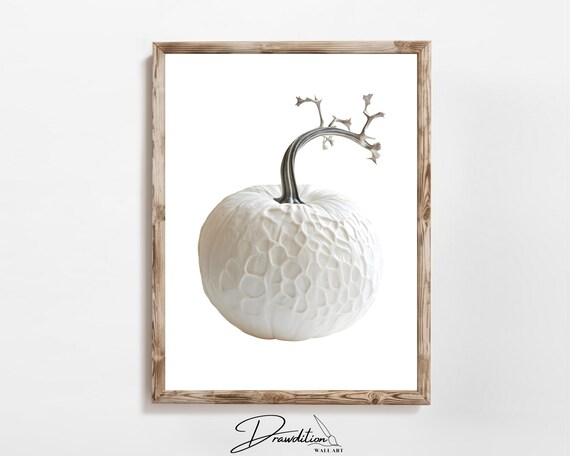 White Carved Texture Pumpkin Branch Stem Minimalist Fall Wall Art