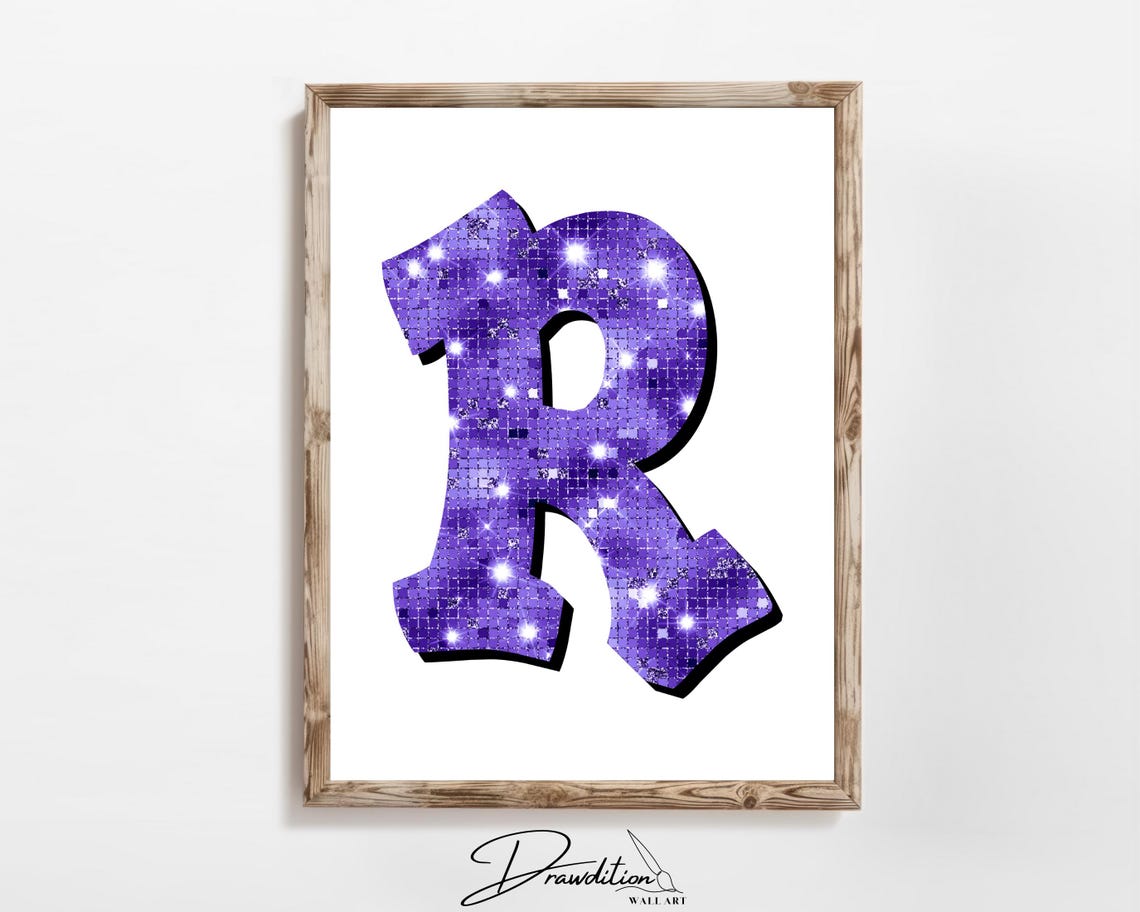 Letter R Purple Disco Sequin Glitter Monogram Sparkly Preppy Print