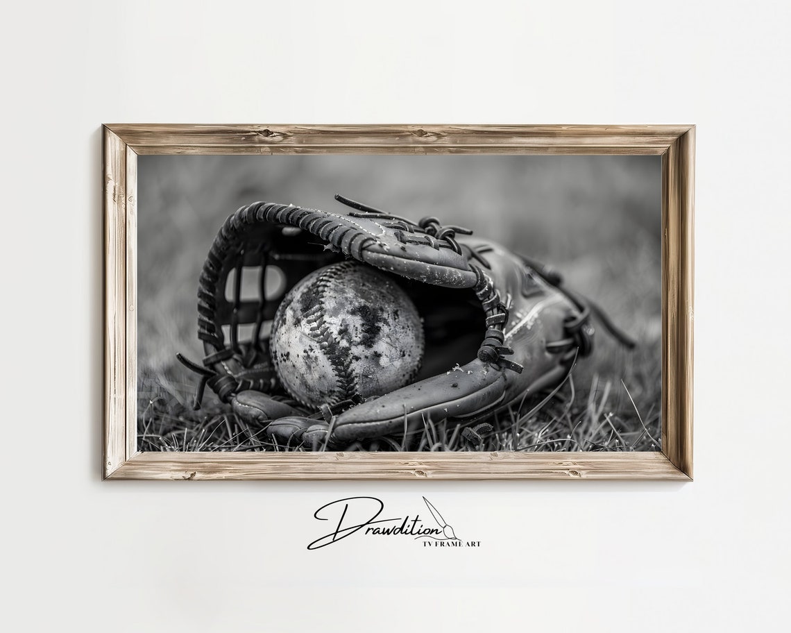 Vintage Baseball Glove Ball Black White Grass Field Sports Poster