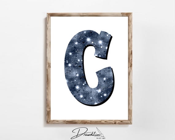 Disco Navy Blue Letter C Print Navy Trendy Personalized Monogram Wall Art Disco Cowgirl Dorm Decor Preppy Poster Teen Room