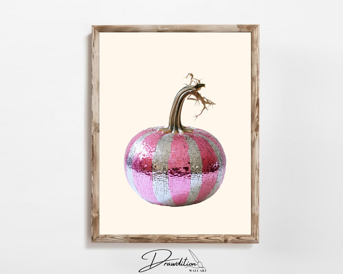 Pink Silver Disco Pumpkin Shimmer Stripes Fall Home Decor Poster