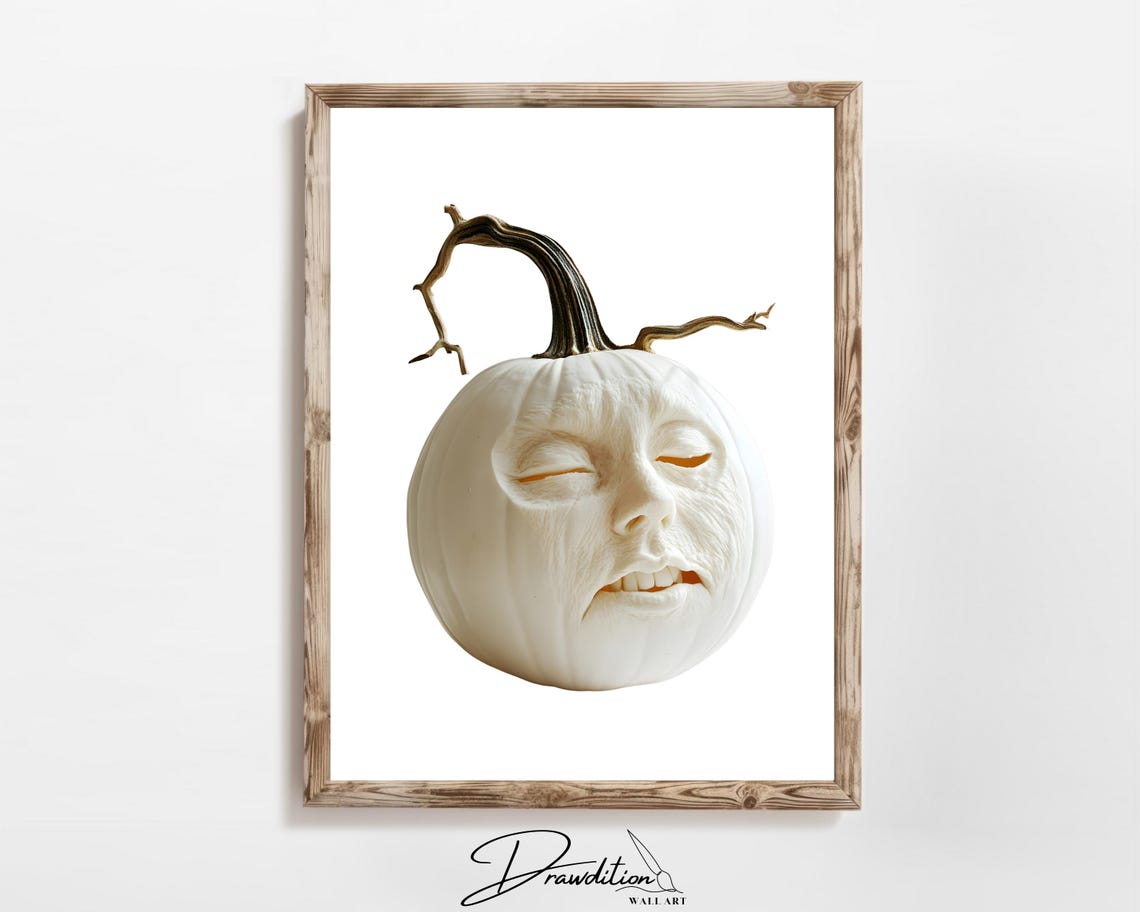 White Pumpkin Carved Peaceful Sleeping Face Elegant Fall Poster