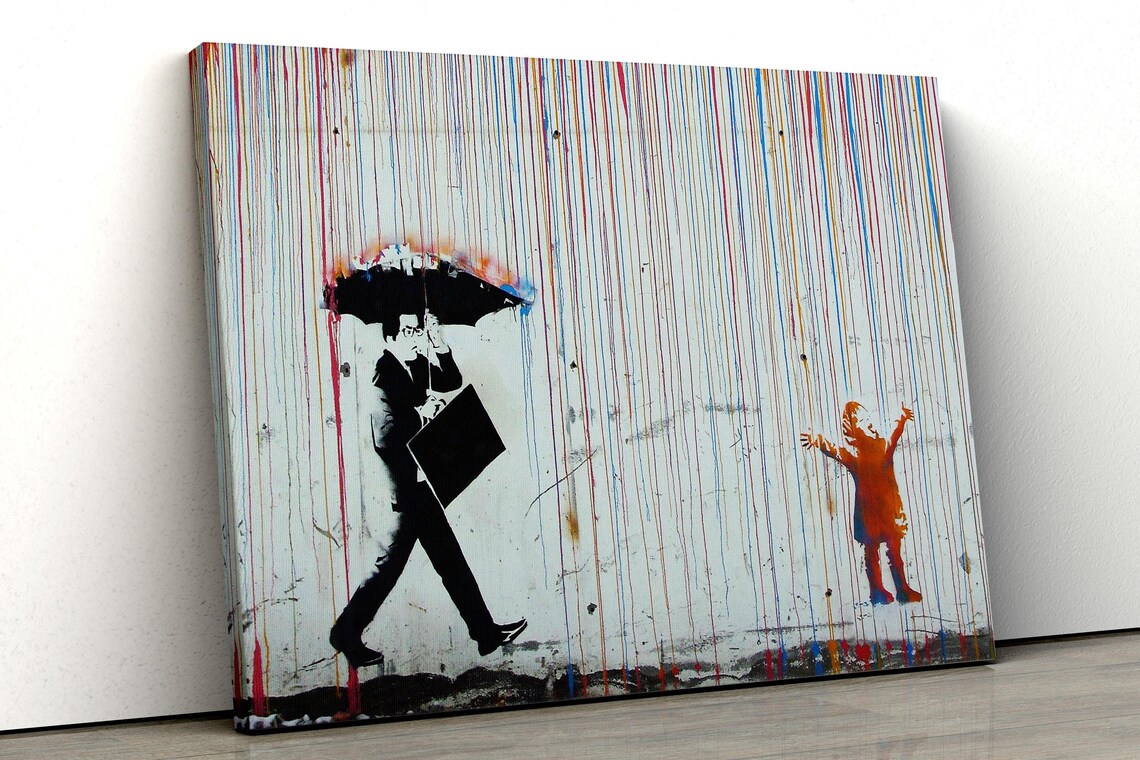 Umbrella Man And Child In Rain Colorful Street Art Canvas Poster